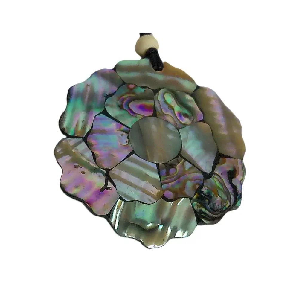 Vintage Abalone Mother of Pearl Shell Inlany Flower Pendant on Rope Cord Choker